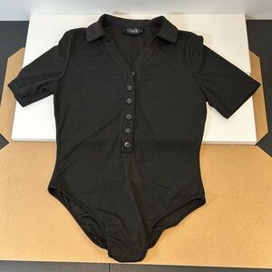 Cider Solid Black‎ Button-Up Collared Ribbed Bodysuit Large